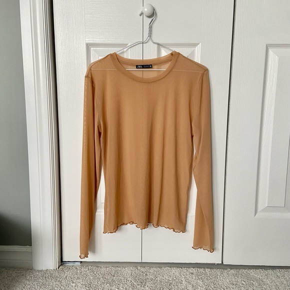 ZARA Long Sleeve Mesh Top with Lettuce Trim Hem - Picture 2 of 5